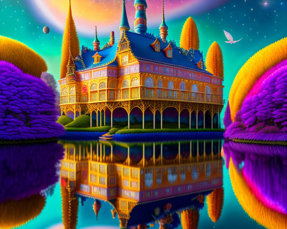 Fantasy Castle with Colorful Landscaping and Starry Sky