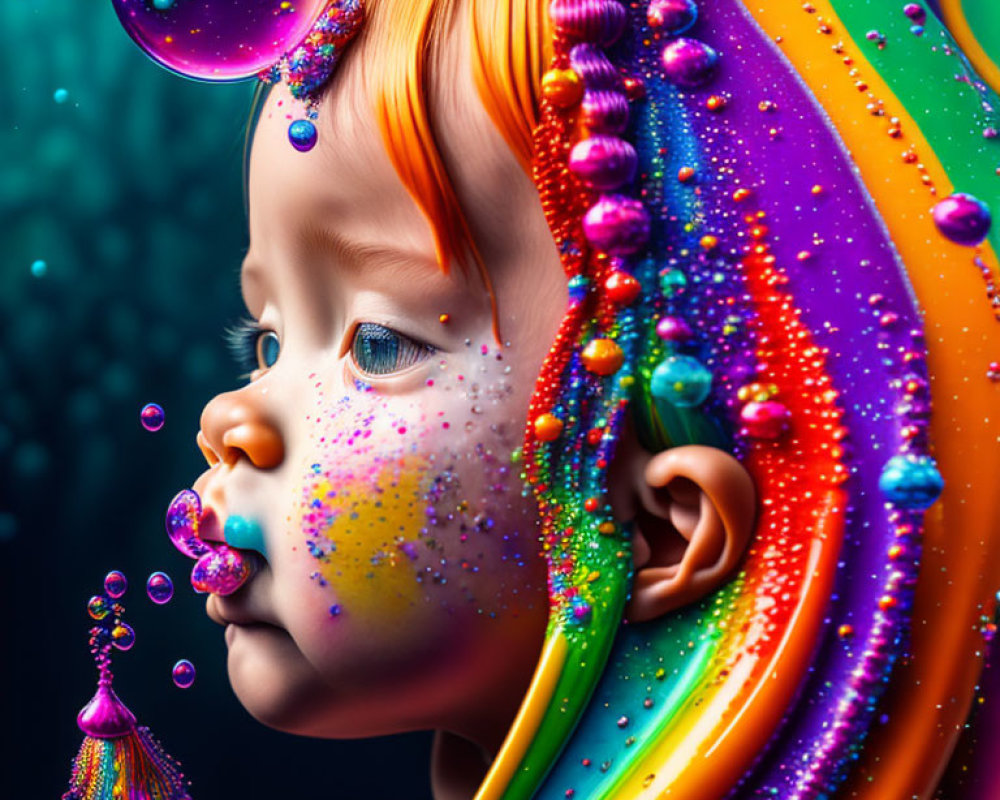 Colorful digital artwork: Child with liquid streams and beads
