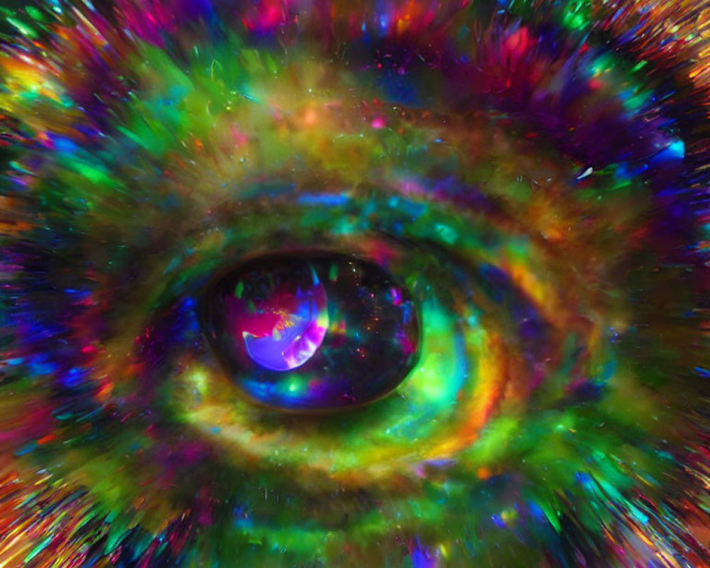 Detailed close-up of vibrant, multi-colored psychedelic eye effect