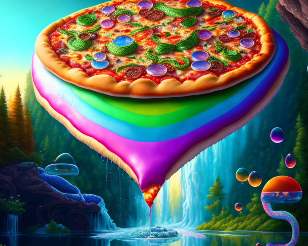 Surreal floating pizza with melting rainbow base above fantastical landscape