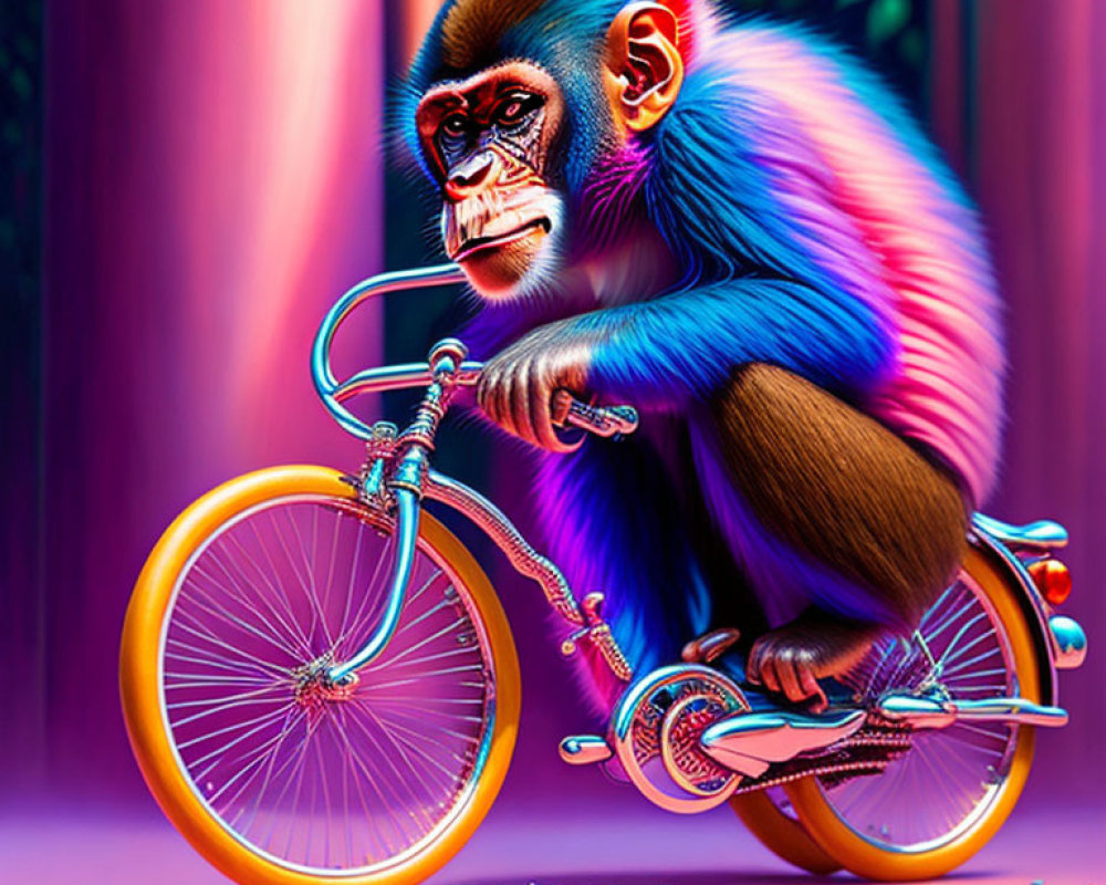 Colorful Monkey on Orange Bicycle in Pink Woods