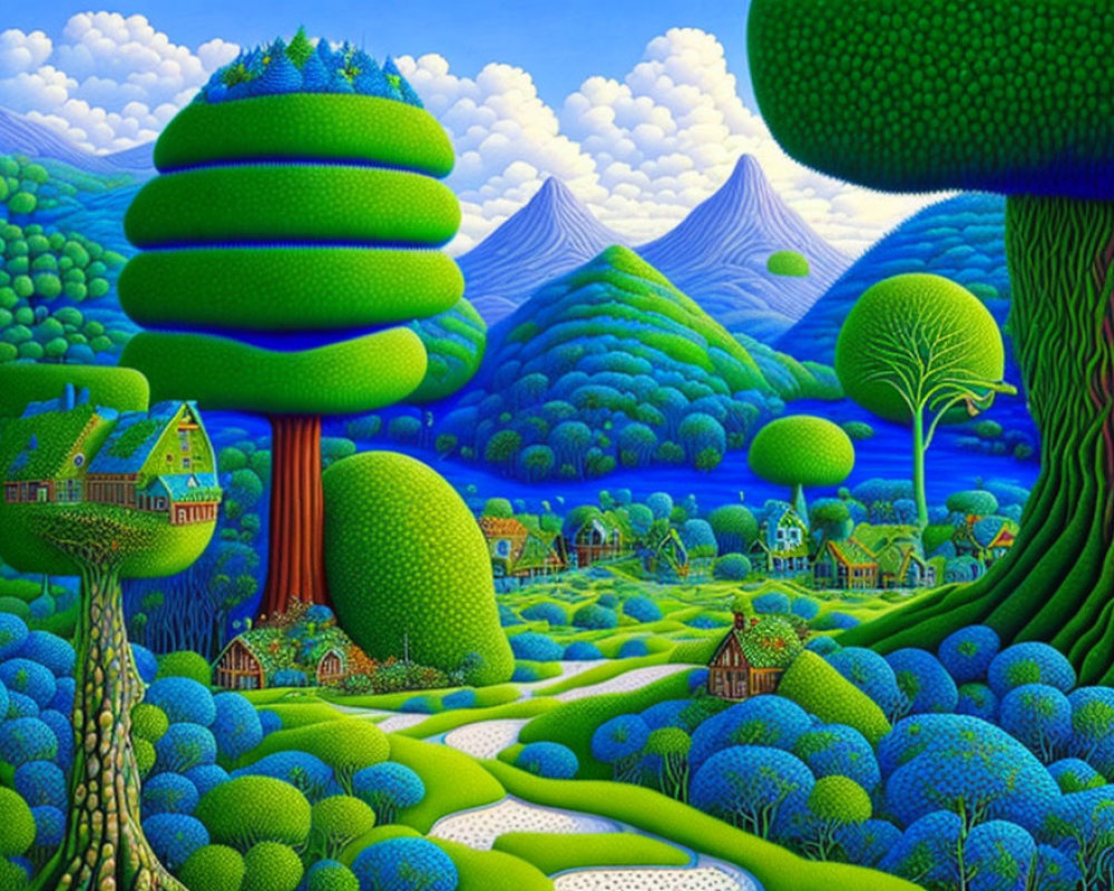 Exaggerated green vegetation in surreal landscape with whimsical trees