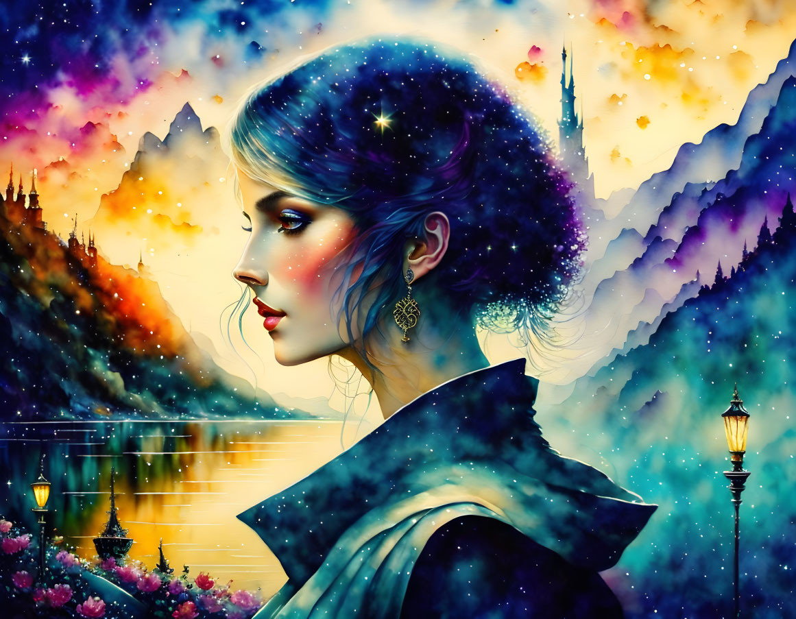 Digital artwork featuring woman with cosmic-themed complexion in fantasy landscape