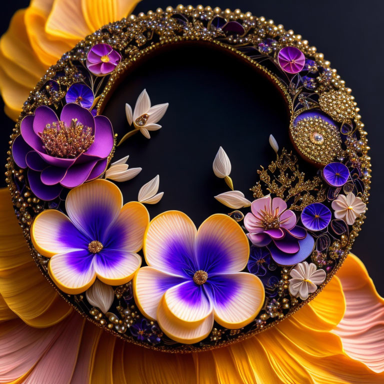 Circular Purple and Gold Floral Frame with Gemstones and Decorative Details