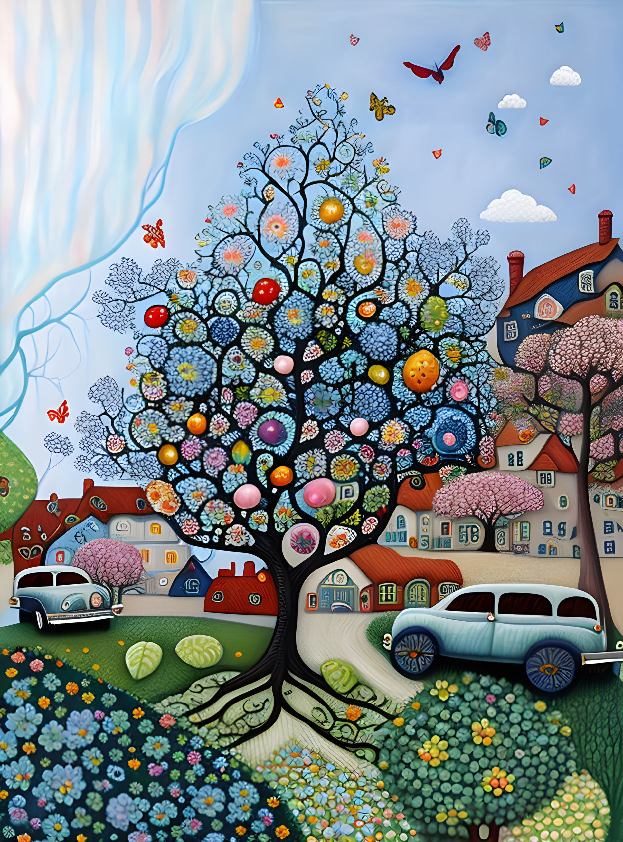 Colorful Painting of Vibrant Tree, Birds, Butterflies, and Village