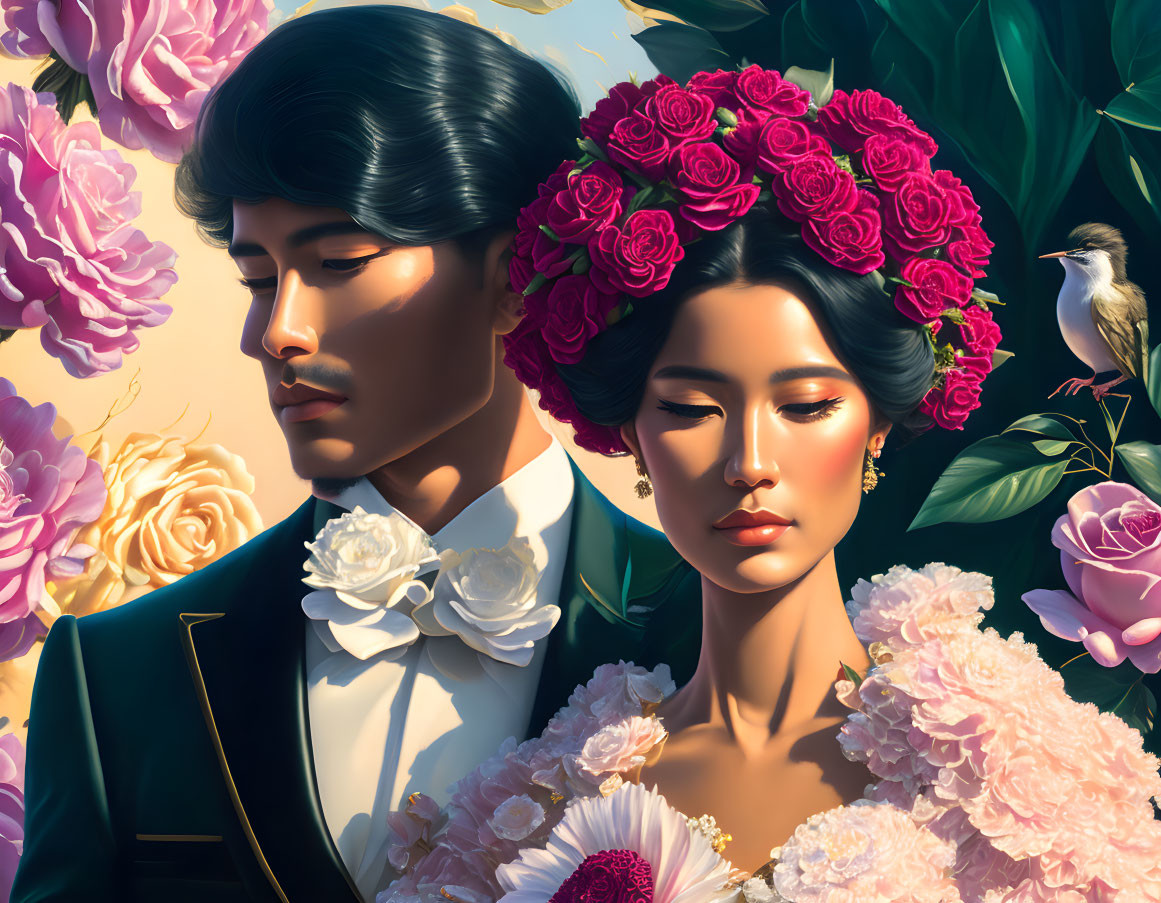 Illustrated couple in formal attire amidst lush flowers with bird - romantic, vintage aesthetic