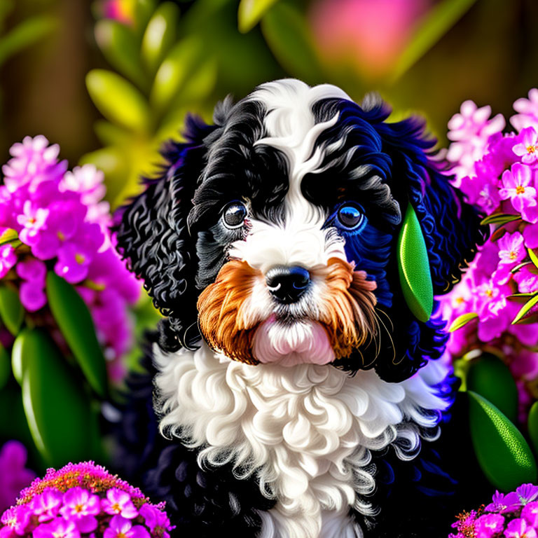 Fluffy black and white dog with blue eyes and brown eyebrows in purple flower field