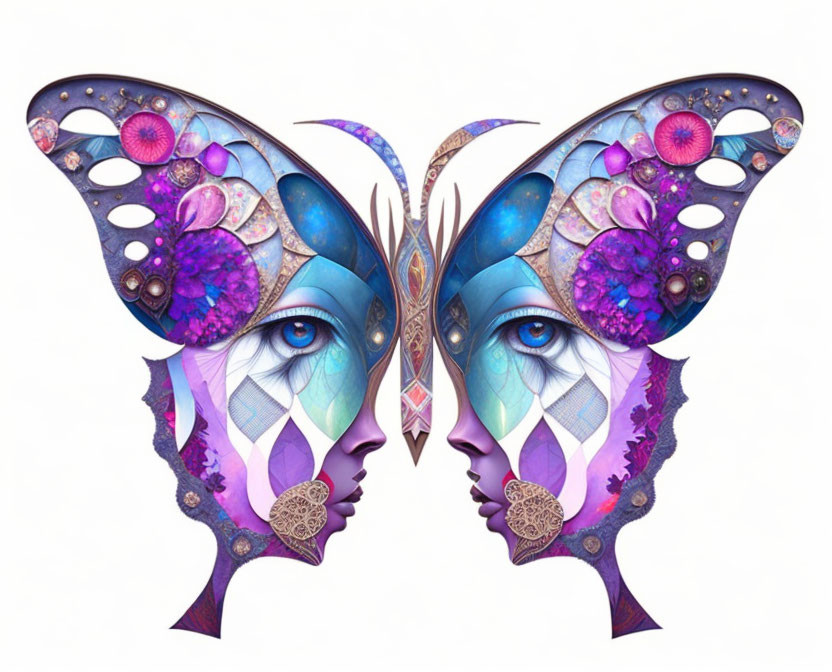 Digital artwork: Mirrored profiles with butterfly wing hair in vibrant blues and purples