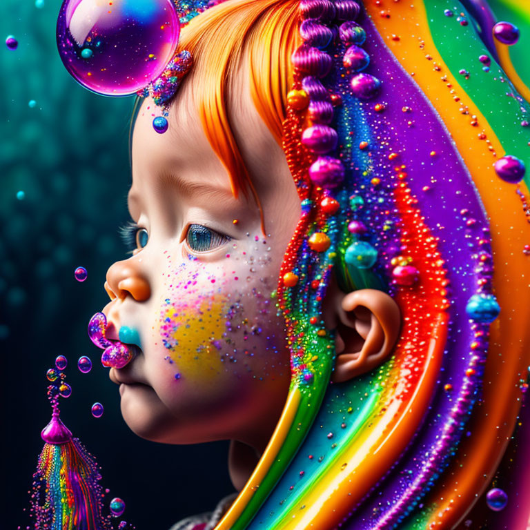 Colorful digital artwork: Child with liquid streams and beads