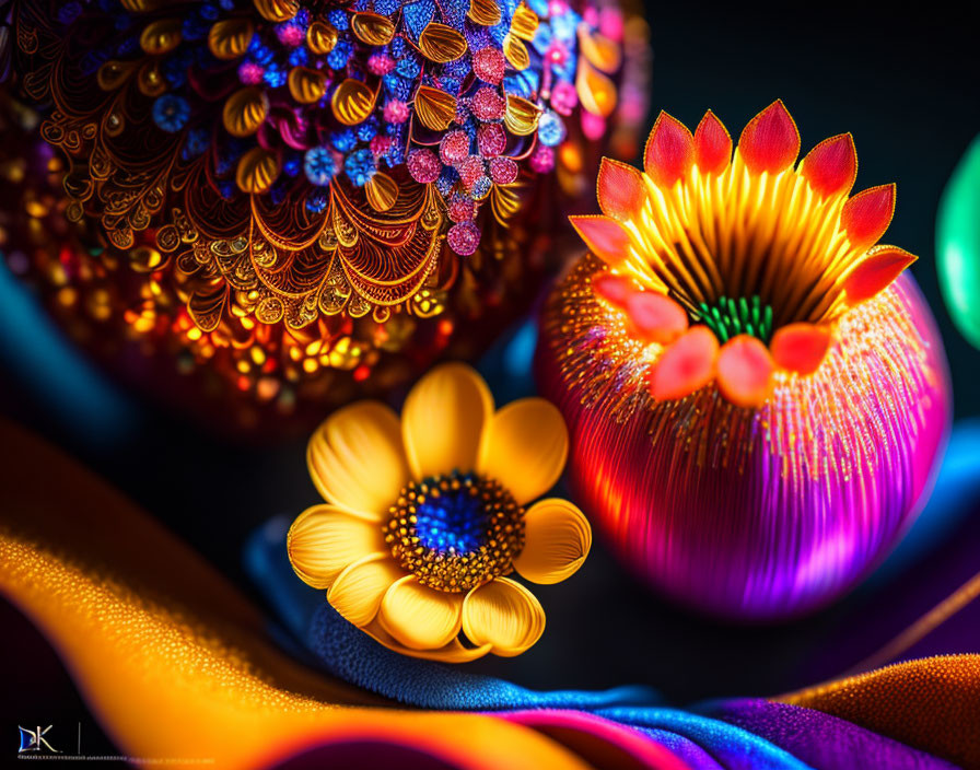 Vivid Fabric Background with Colorful Floral Spheres