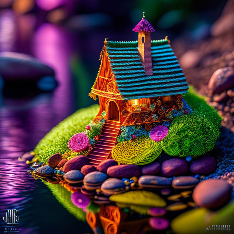 Colorful Whimsical Miniature House on Mossy Island with Pebbles by Water