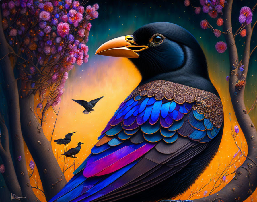 Colorful Blackbird Illustration in Enchanted Twilight Setting