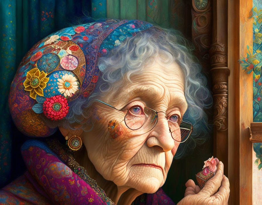 Elderly woman with glasses in colorful scarf gazes out window