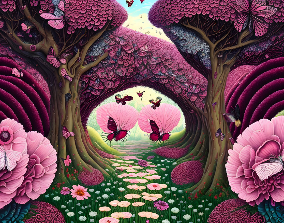 Colorful forest scene with pink flowers, butterflies, and floral patterns