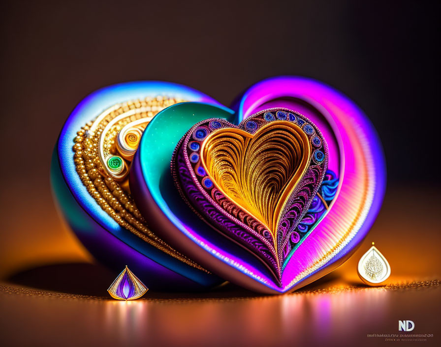 Intricate 3D Heart-Shaped Sculpture with Vibrant Blue and Orange Hues
