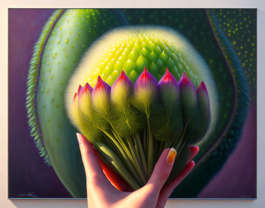 Vibrant surreal cactus flowers held in hand with blurred cactus backdrop