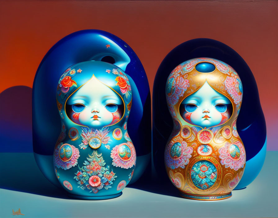 Melancholic-faced matryoshka dolls on glossy background