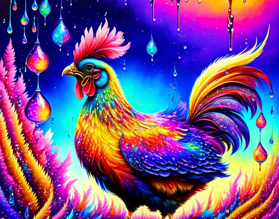 Colorful Rooster Illustration in Psychedelic Foliage and Starry Sky