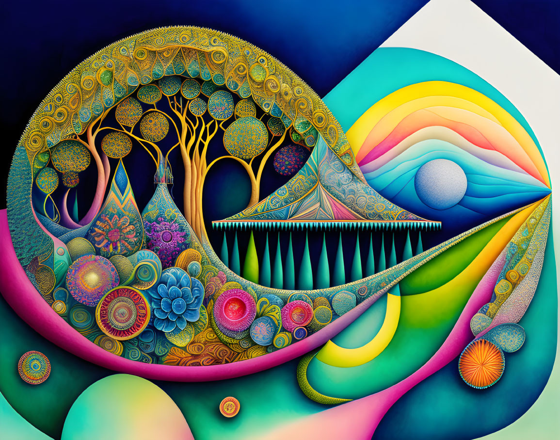 Colorful surrealistic painting with swirling patterns, landscapes, stylized tree, and cosmic elements