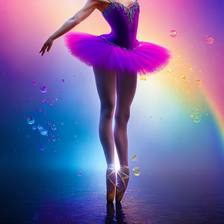 Ballet dancer on pointe in purple tutu with bubbles and rainbow