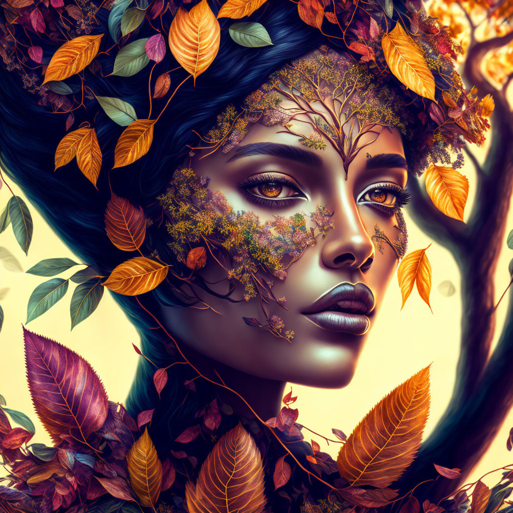 Woman adorned with vibrant autumn leaves and delicate moss in artistic portrayal