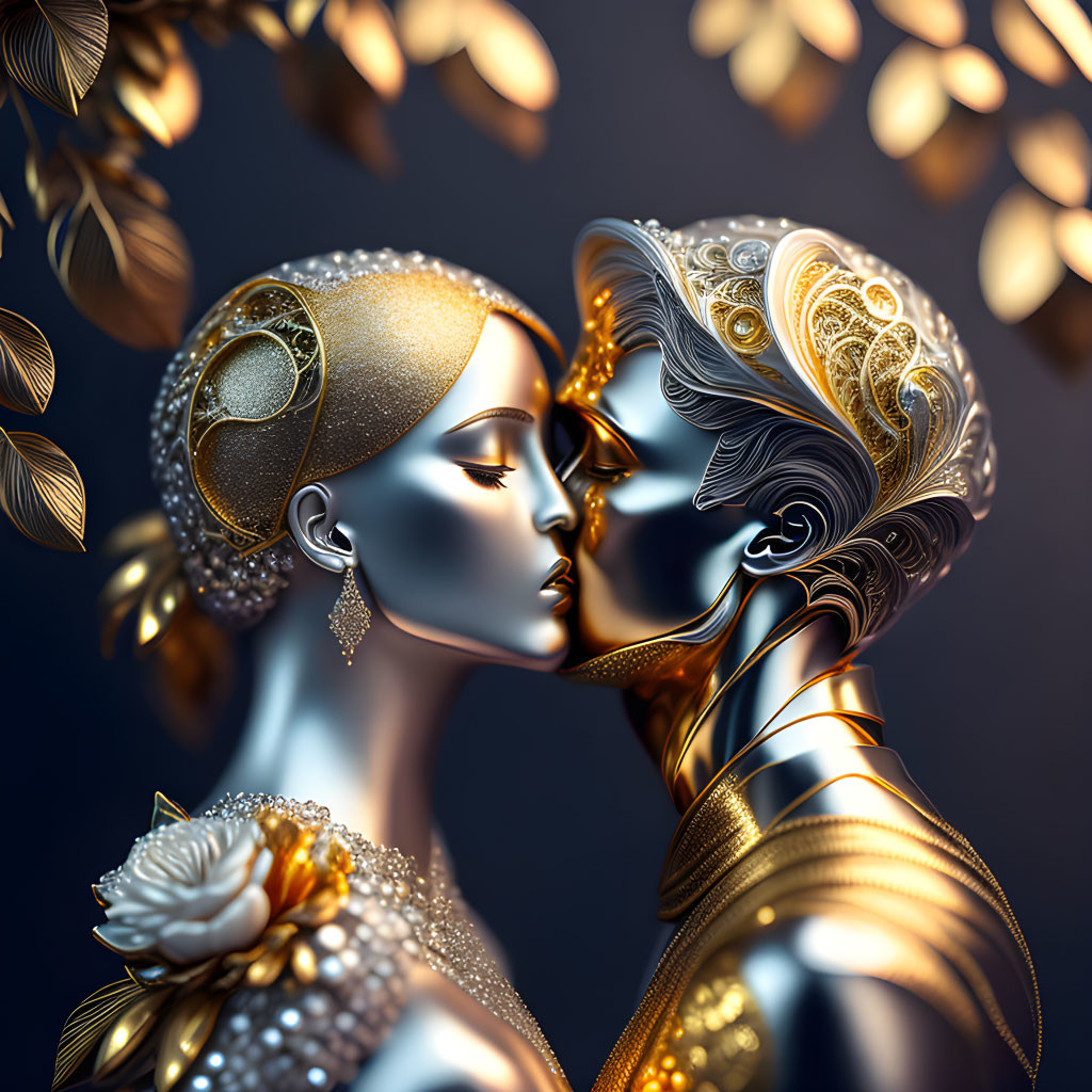 Metallic humanoid figures in romantic pose amid golden foliage