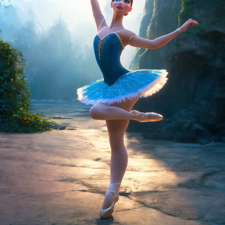 Blue tutu ballerina dances in mystical forest with sunlight.