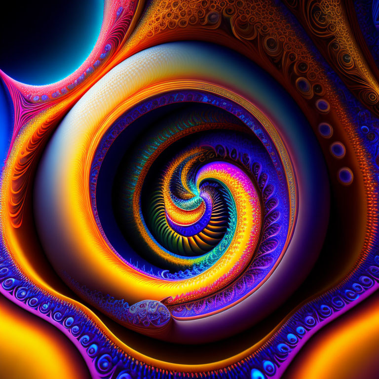 Colorful fractal image with spiraling blue, purple, and orange hues.
