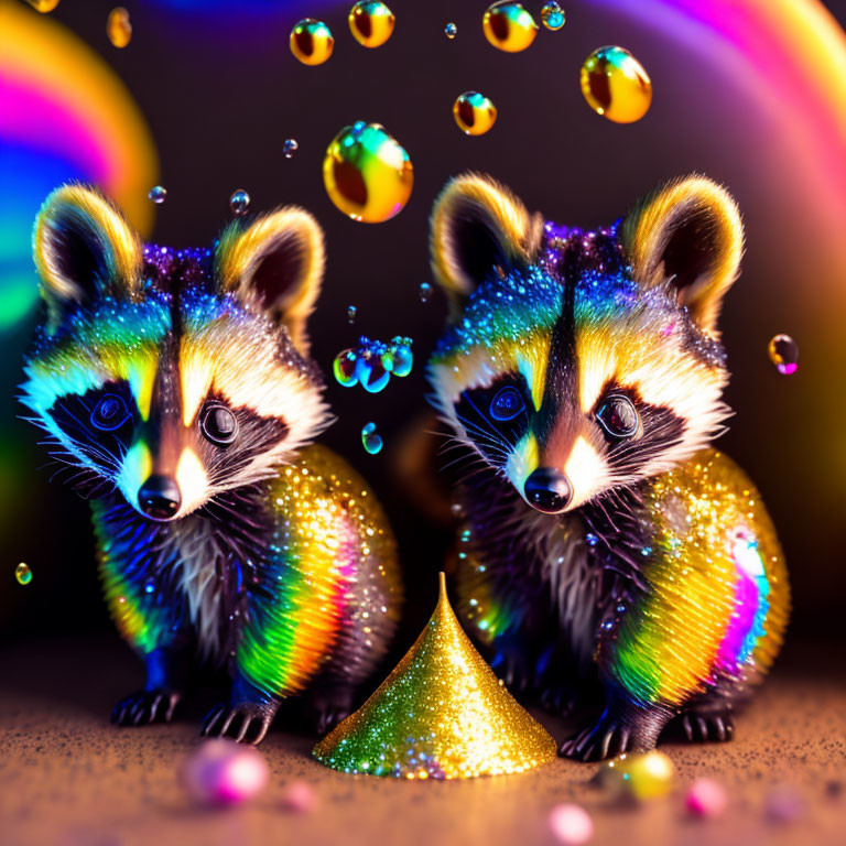 Glittery raccoons with shiny pyramid and colorful bubbles on kaleidoscopic background