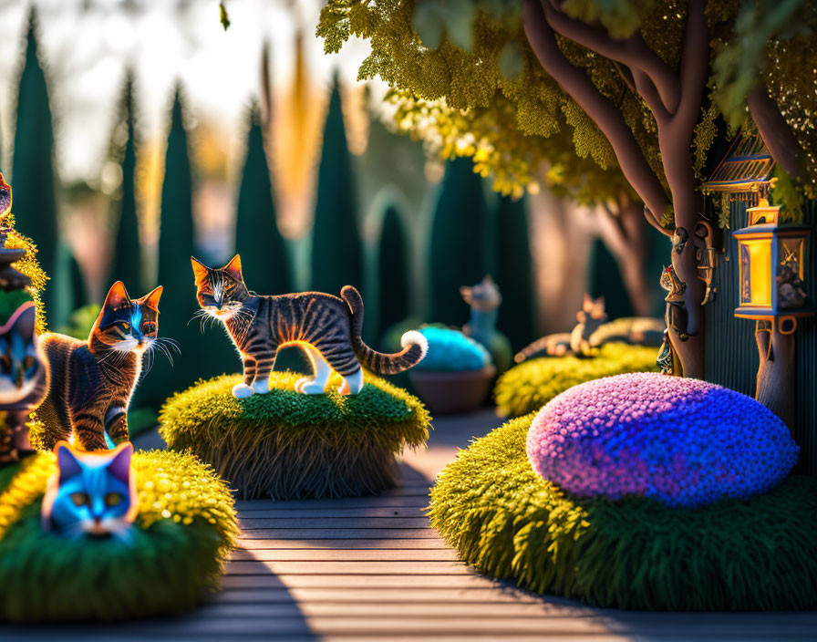 Vibrant oversized flower and topiary garden pathway with fantastical cat creatures