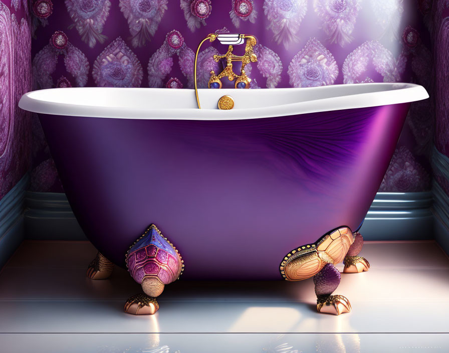 Luxurious Purple Bathtub with Golden Clawed Feet Against Violet Wallpaper