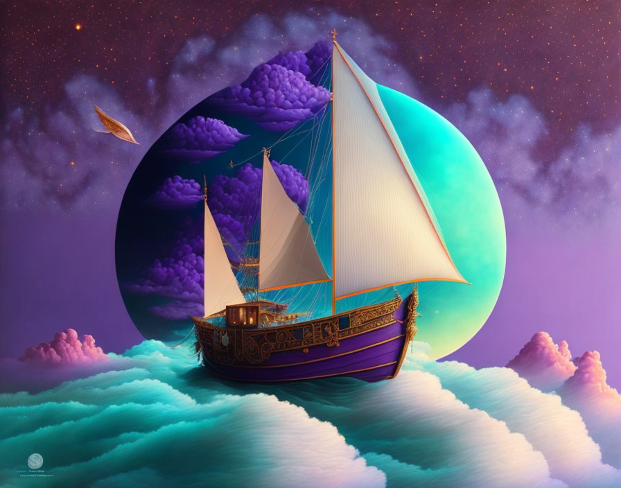 Whimsical artwork: sailing ship in purple sky with stars, floating islands, paper plane