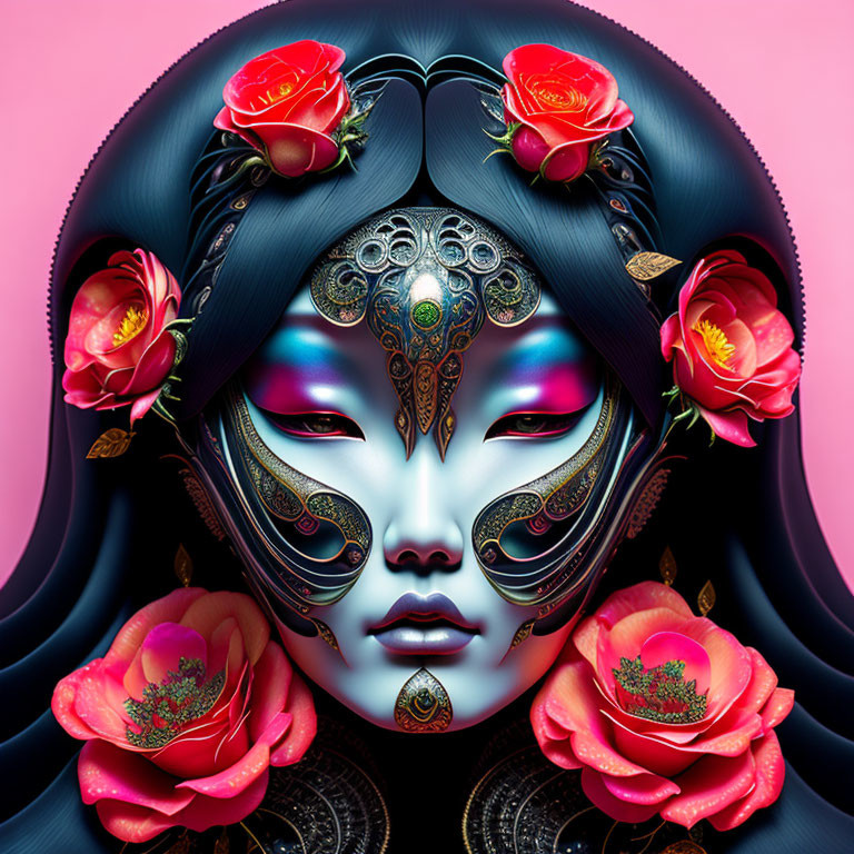 Digital artwork: Woman's face with ornate mask, red roses, pink background