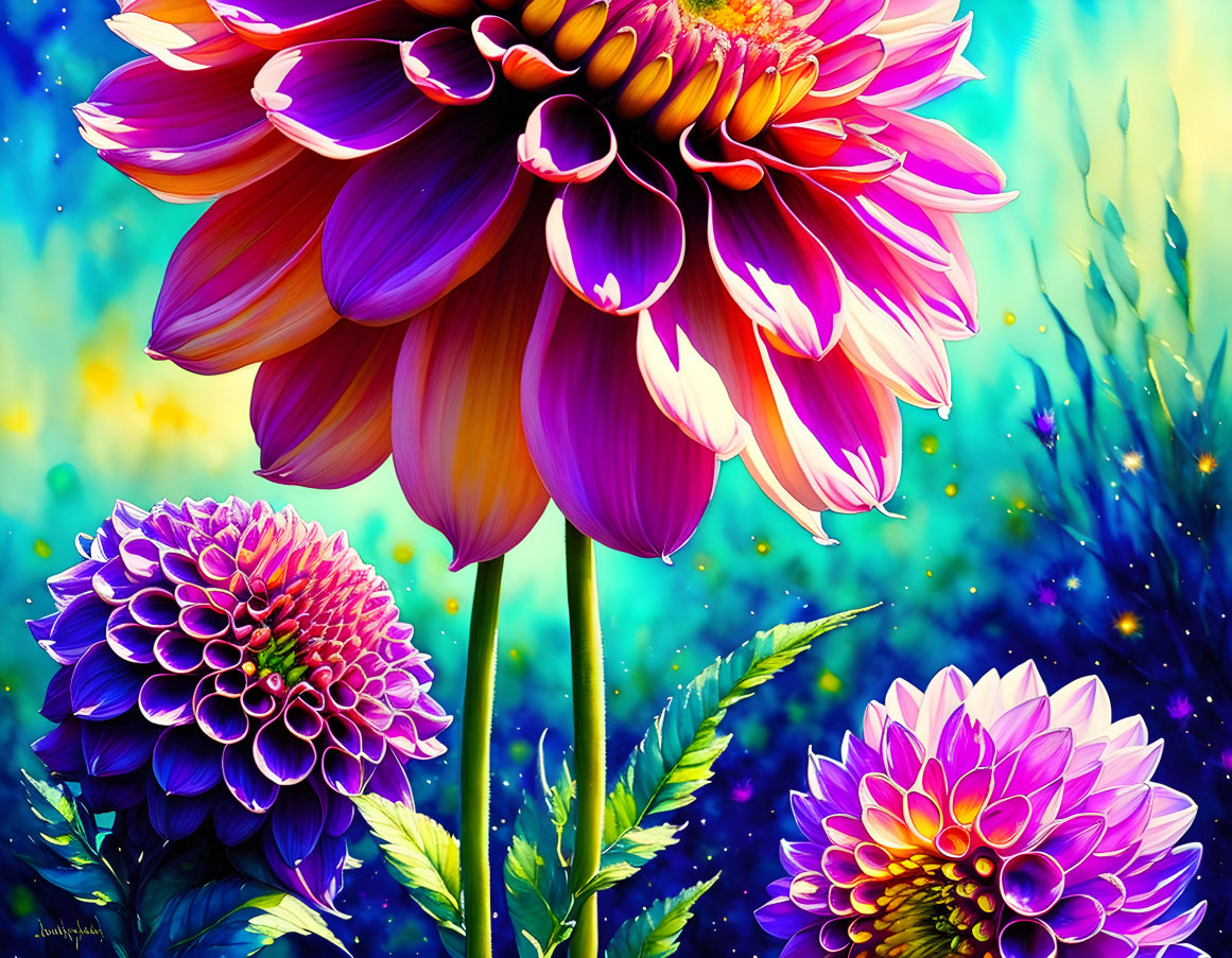 Colorful digital artwork featuring three stylized flowers in purple and red on a speckled blue background