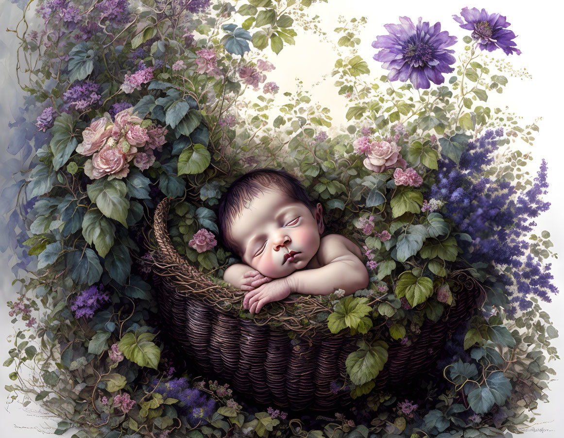 Sleeping Baby in Wicker Basket Surrounded by Colorful Flowers