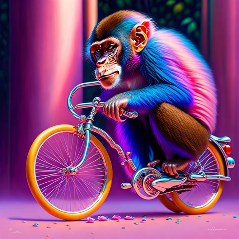 Colorful Monkey on Orange Bicycle in Pink Woods