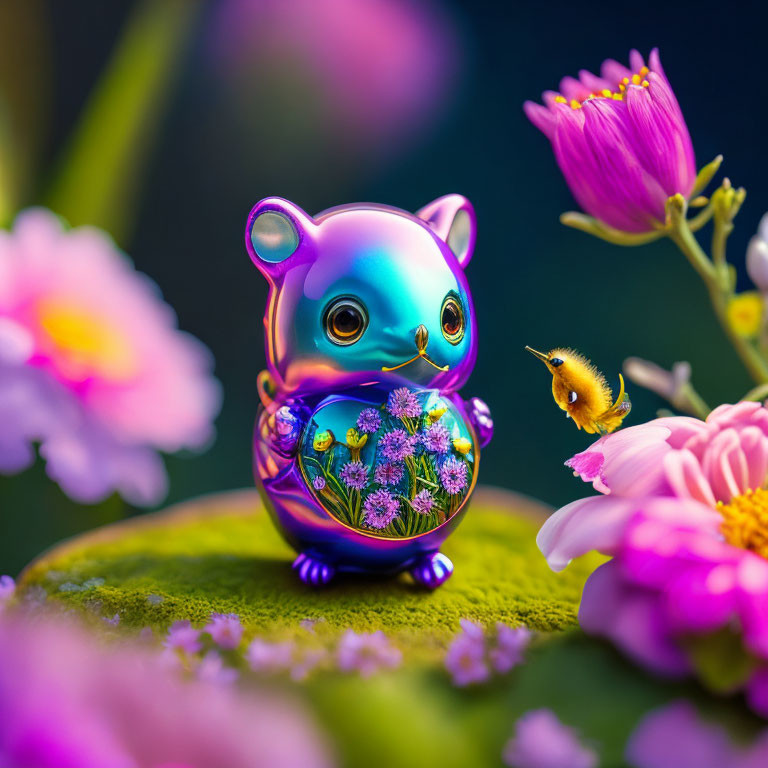 Iridescent animated bear with globe and flowers in colorful scene