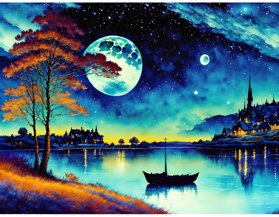 Nighttime Artwork with Moon, River, Boat, Autumn Trees, and Town