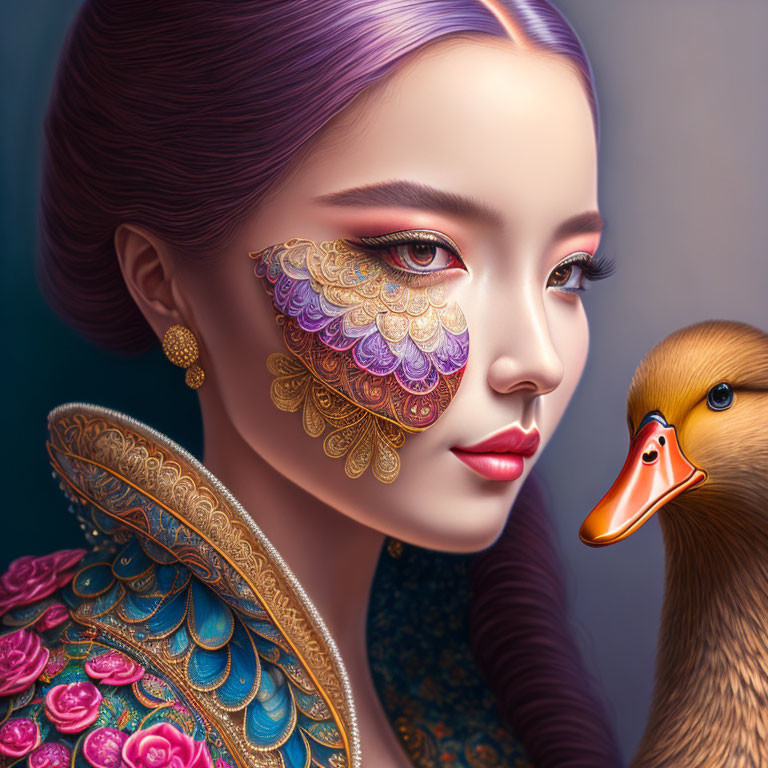 Digital artwork: Woman with purple hair and feather-like facial adornment next to realistic duck