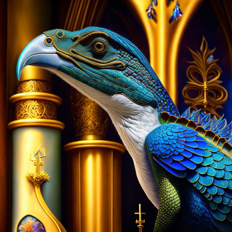 Detailed Illustration of Fantastical Bird with Eagle-like Head and Ornate Feathered Body on Golden