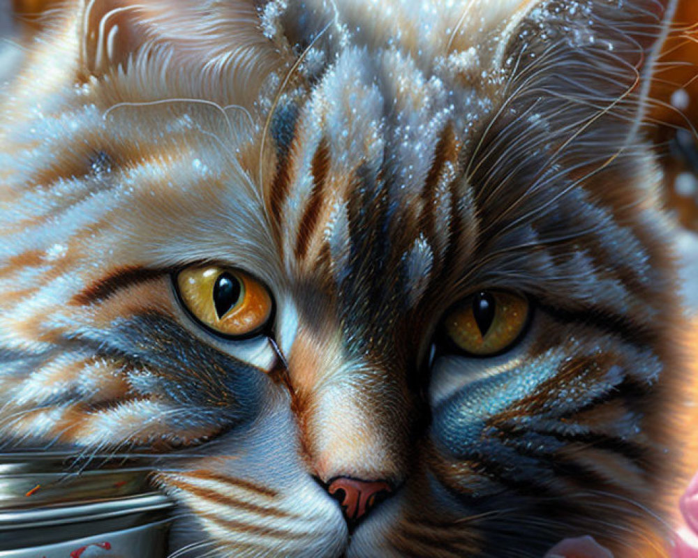 Detailed painting of tabby cat with yellow eyes, roses, and snowflakes