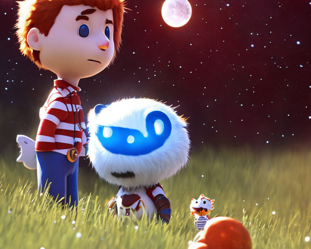 Animated boy in striped shirt with glowing blue creature in grassy field at night