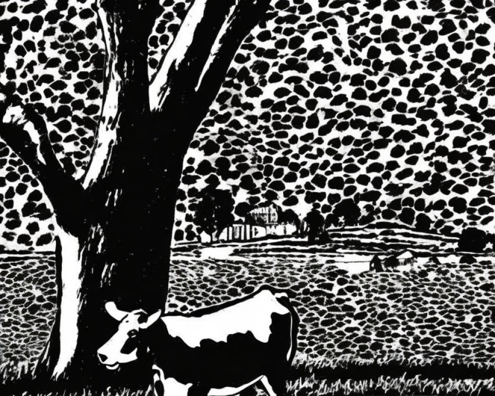 Monochrome cow illustration under tree with patterned background
