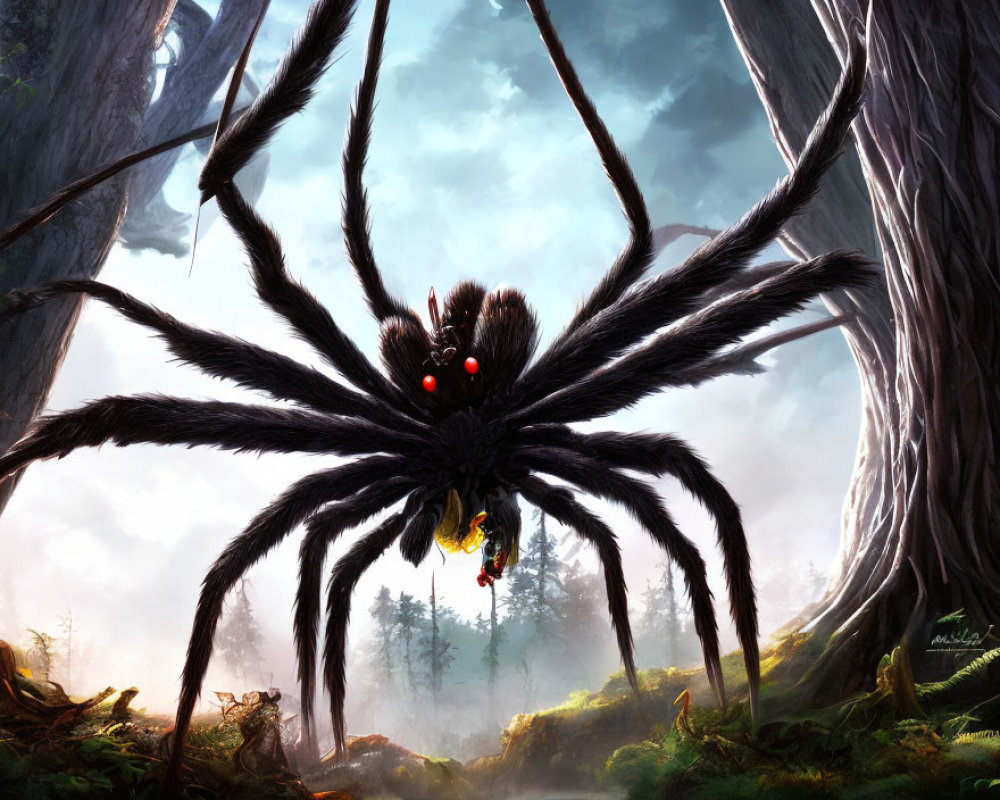 Enormous spider with red eyes in misty forest with victim and trees