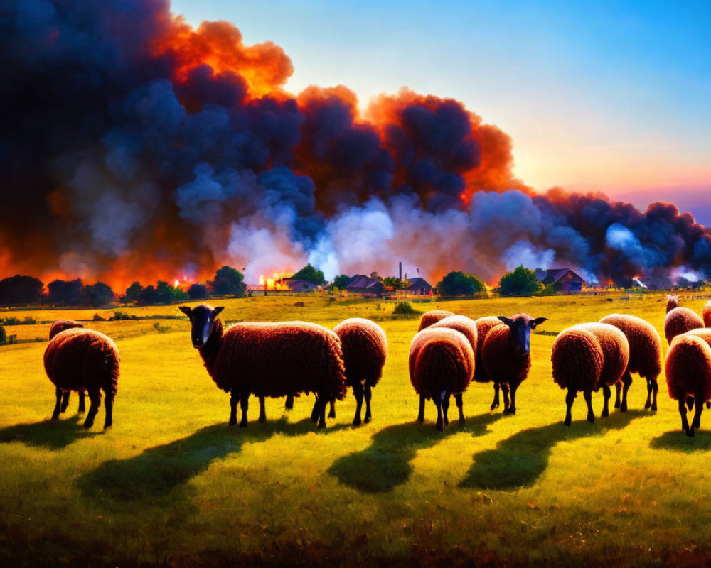 Sheep grazing in field with massive fire and smoke at sunset