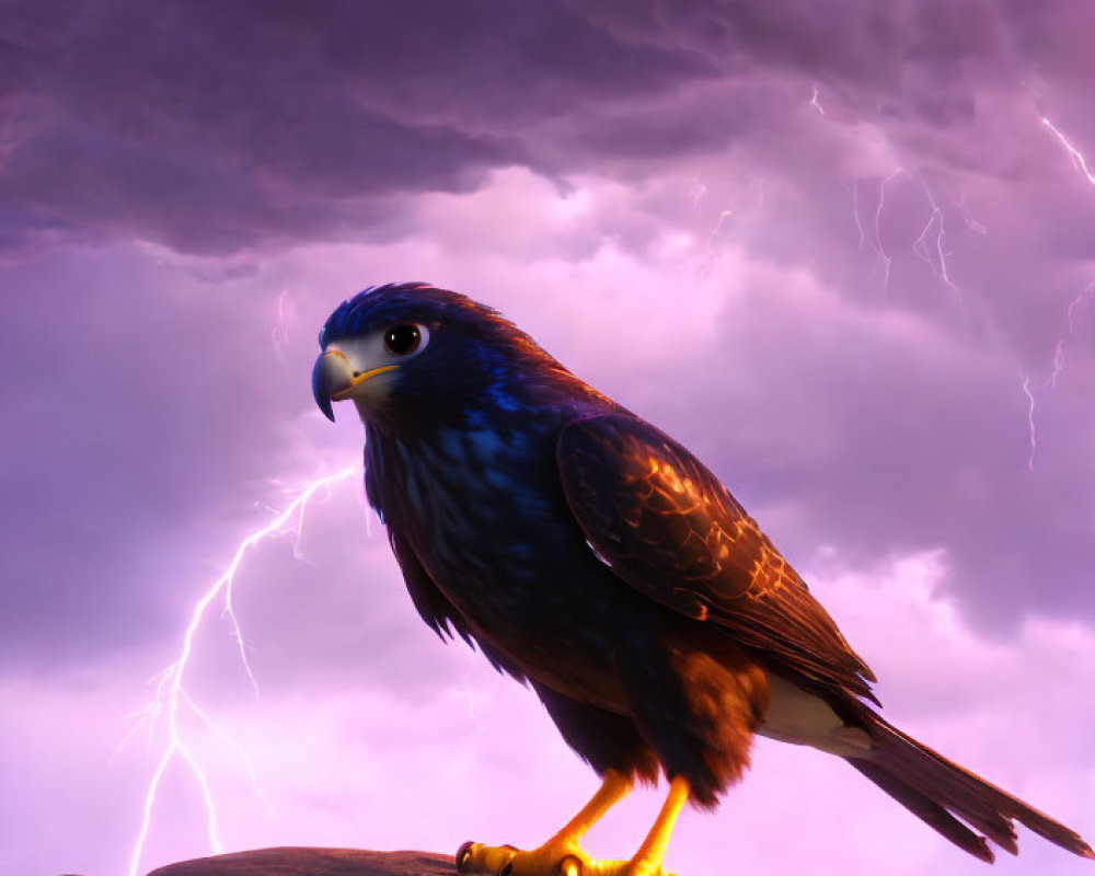 Majestic eagle on rock with purple sky and lightning