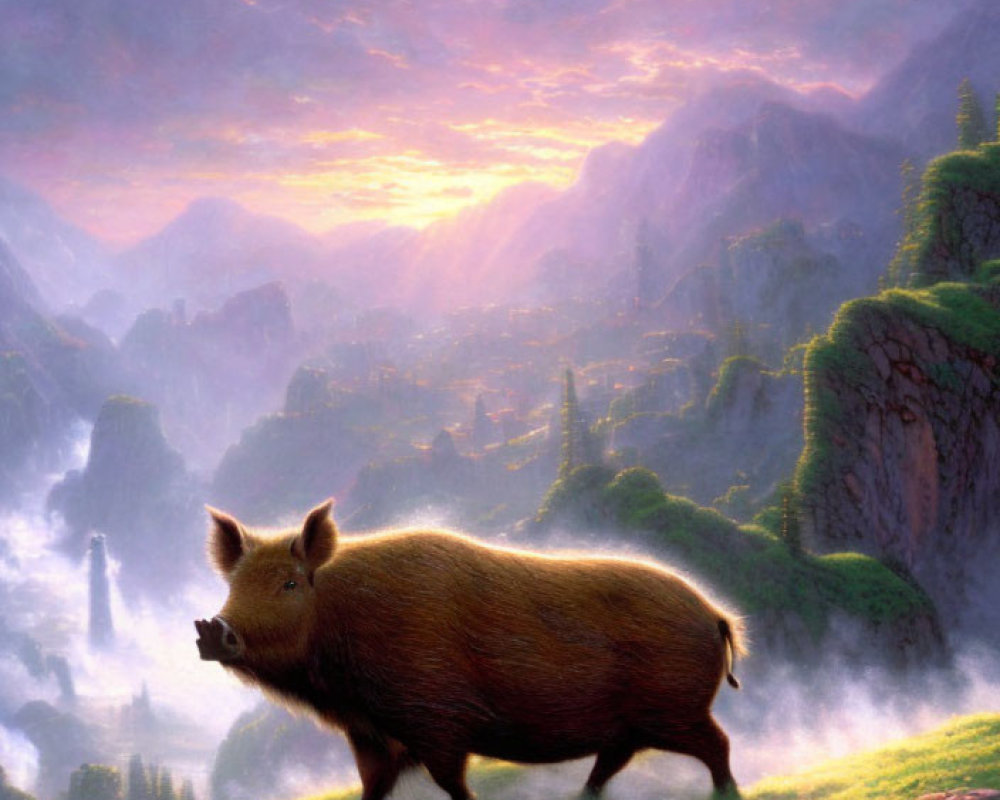 Pig on grassy cliff at sunrise with misty mountains