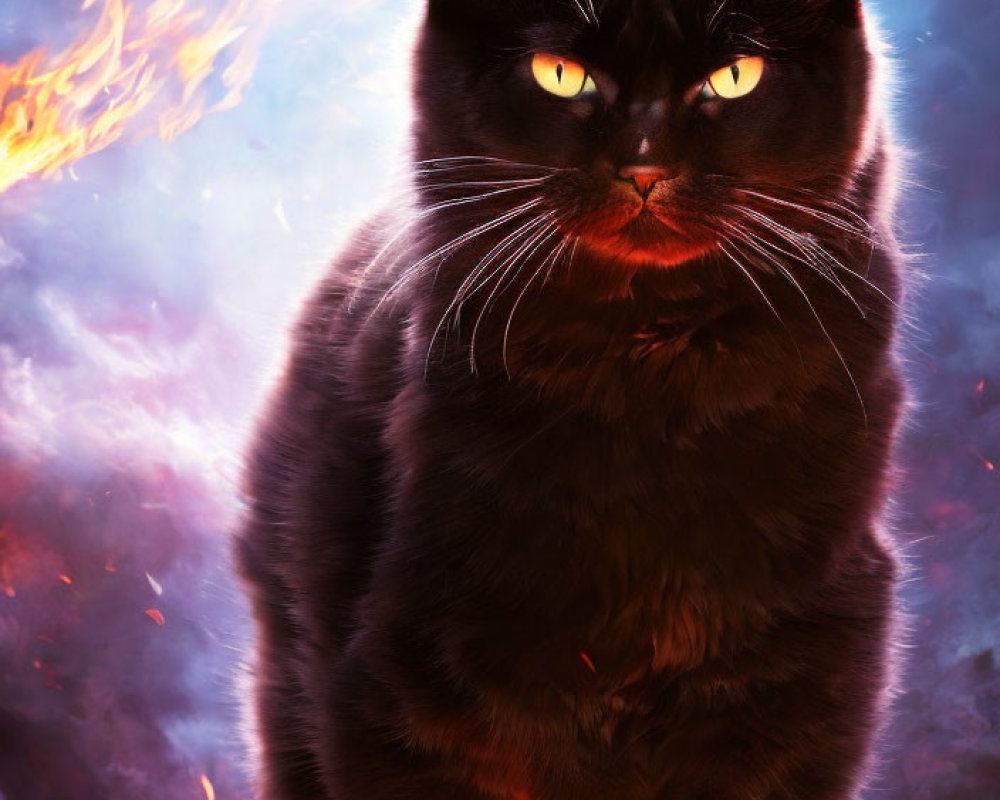 Black Cat with Yellow Eyes Against Flames and Embers