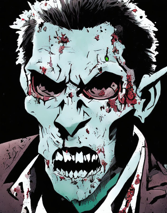 Green-skinned zombie with red eyes and tattered suit illustration.