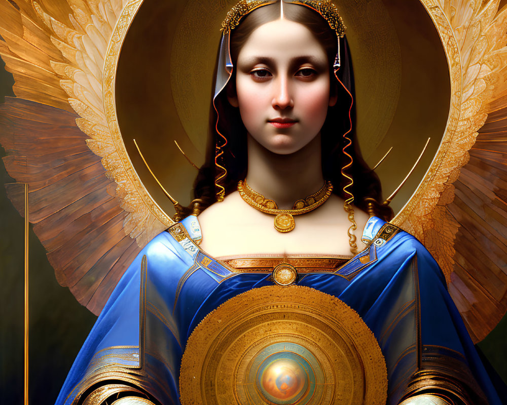 Digital Artwork: Woman with Angelic Features, Halo, Blue and Gold Robes